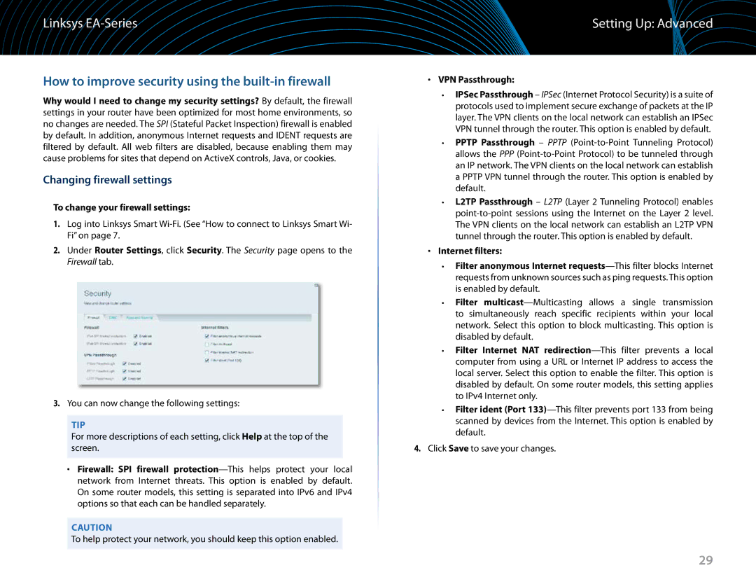 Linksys EA6900 manual How to improve security using the built-in firewall, Changing firewall settings, VPN Passthrough 