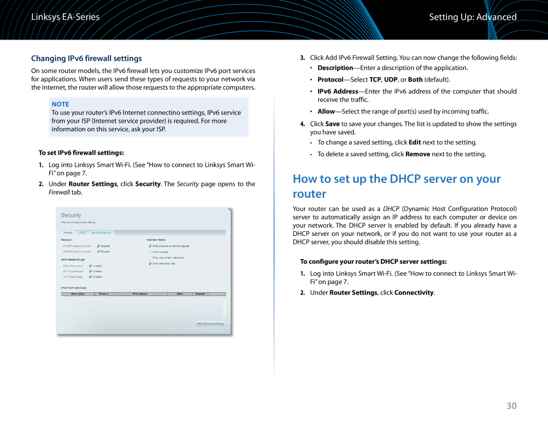 Linksys EA6900 manual How to set up the Dhcp server on your router, Changing IPv6 firewall settings 