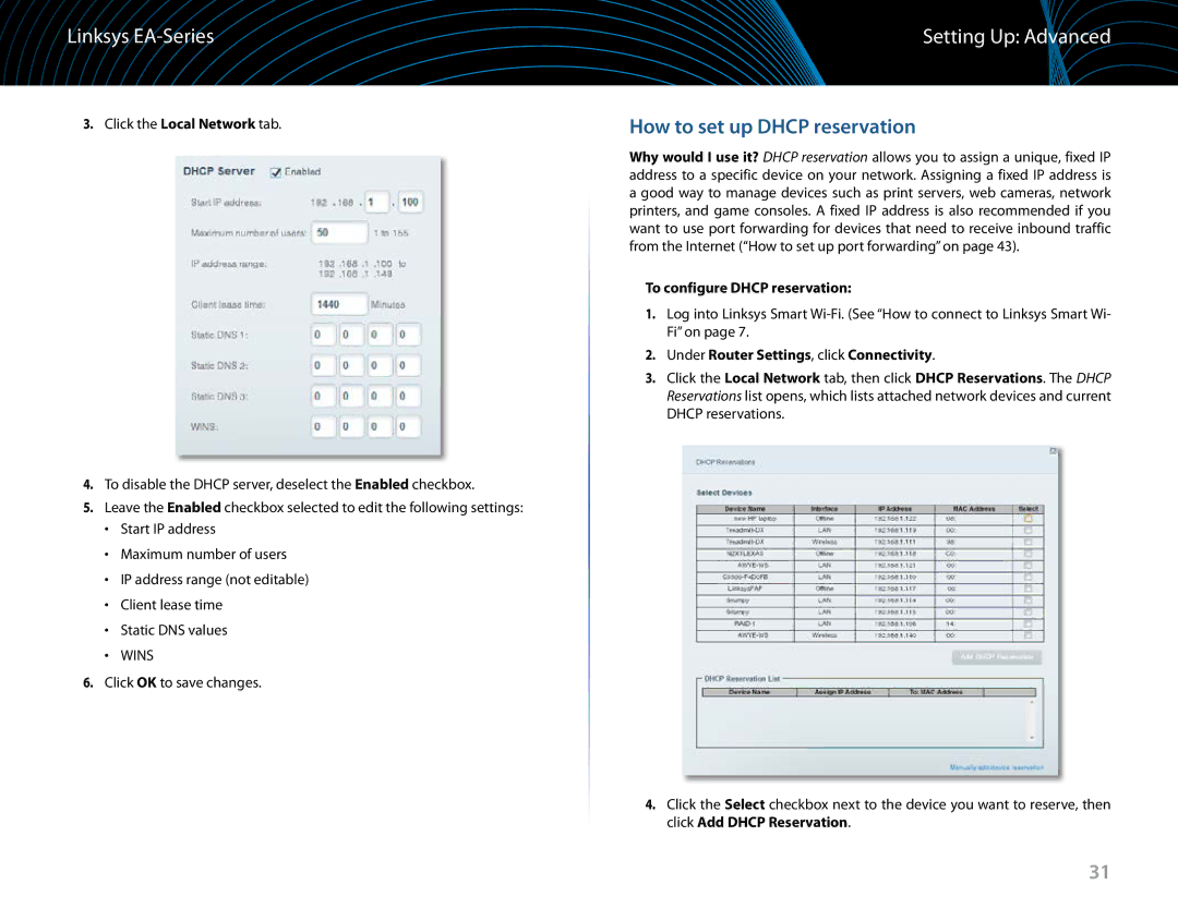 Linksys EA6900 manual How to set up Dhcp reservation, To configure Dhcp reservation 
