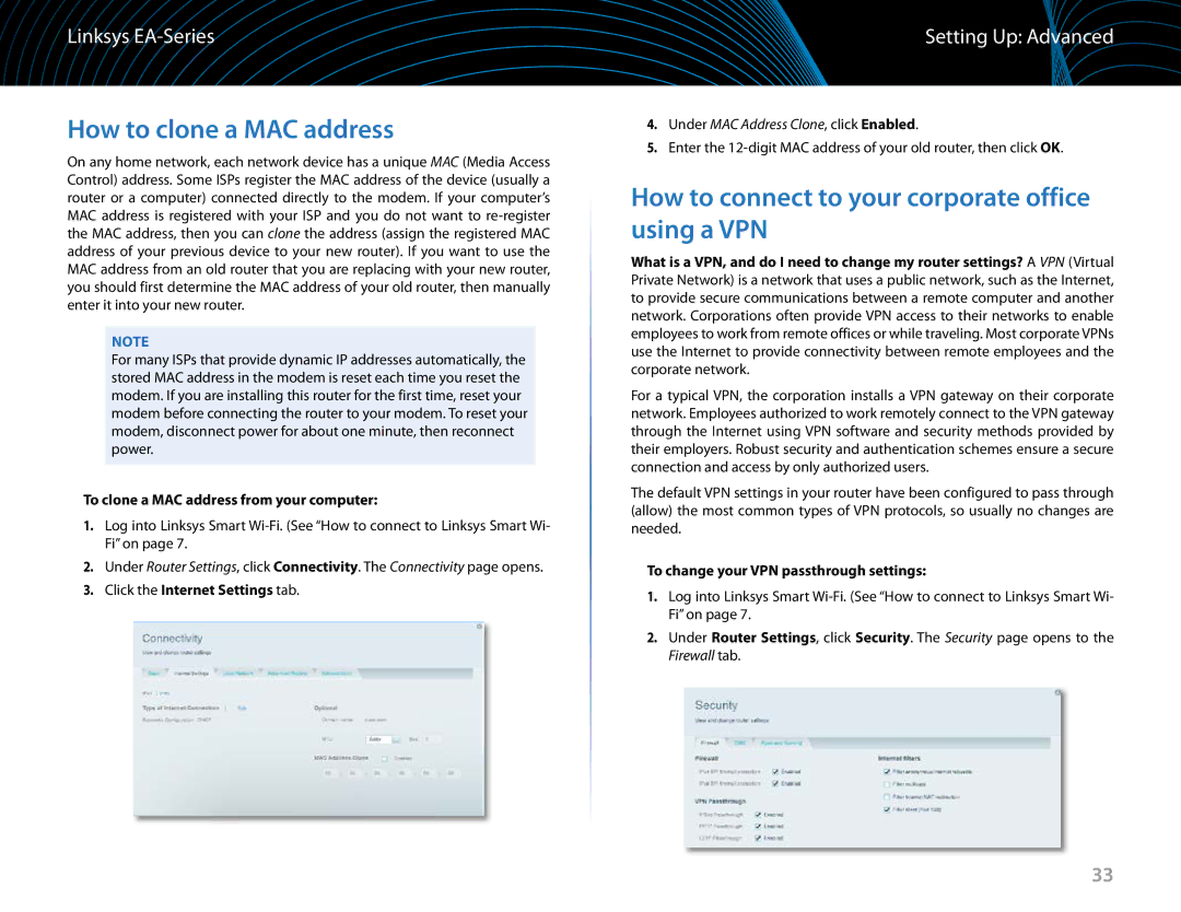 Linksys EA6900 manual How to clone a MAC address, How to connect to your corporate office using a VPN 