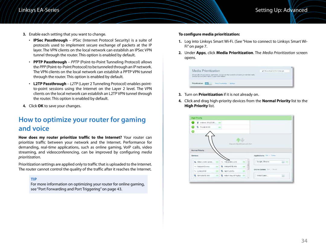 Linksys EA6900 manual How to optimize your router for gaming and voice, To configure media prioritization 