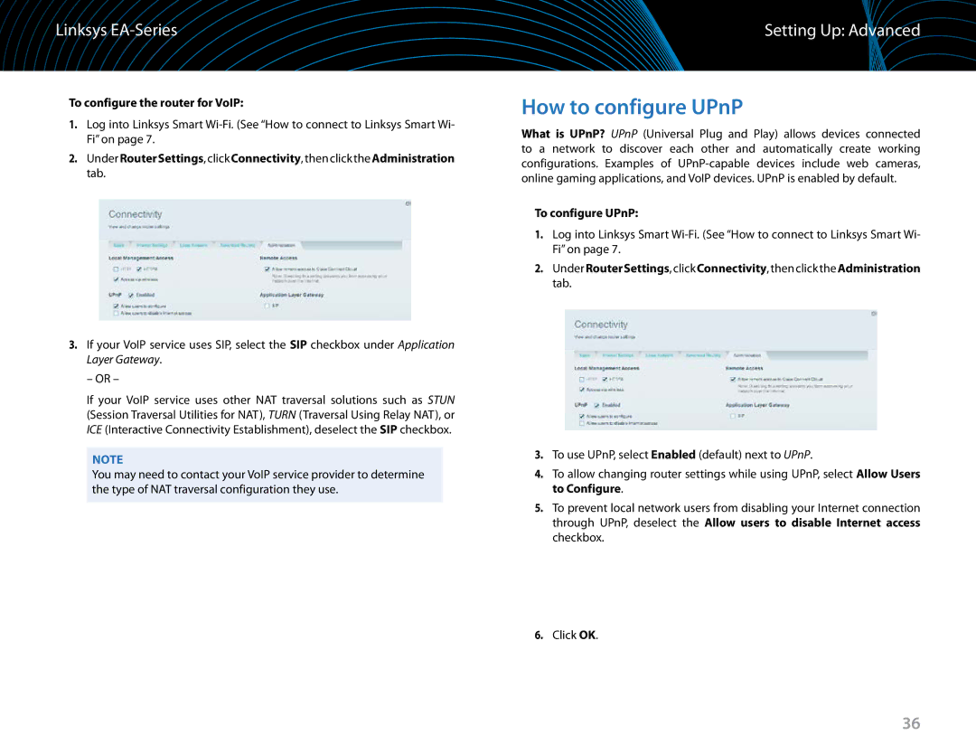 Linksys EA6900 manual How to configure UPnP, To configure the router for VoIP, To configure UPnP 