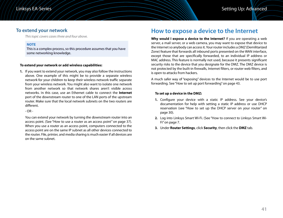 Linksys EA6900 manual How to expose a device to the Internet, To extend your network, To set up a device in the DMZ 