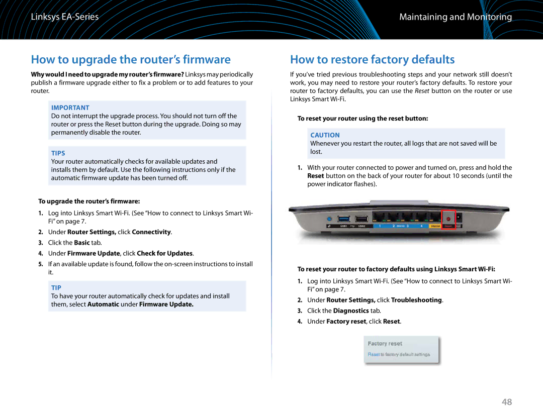 Linksys EA6900 manual How to upgrade the router’s firmware, How to restore factory defaults 