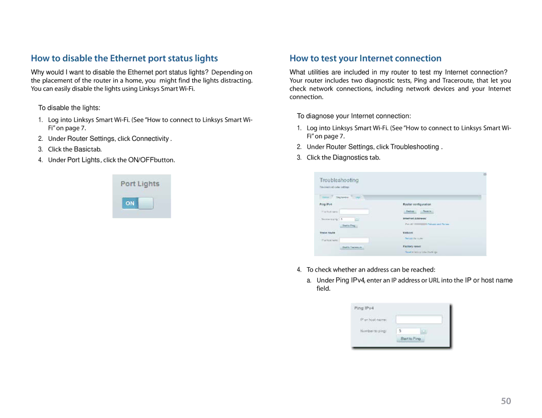 Linksys EA6900 How to disable the Ethernet port status lights, How to test your Internet connection, To disable the lights 