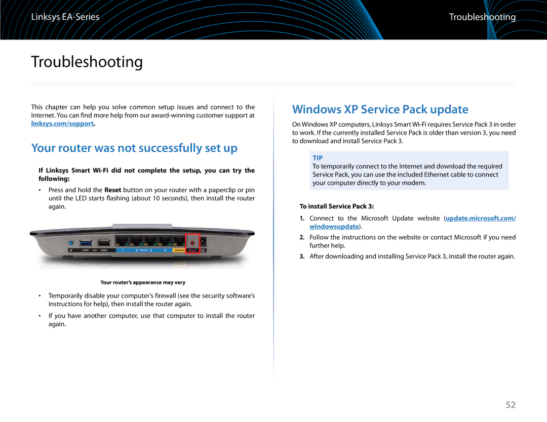 Linksys EA6900 manual Troubleshooting, Your router was not successfully set up, Windows XP Service Pack update 