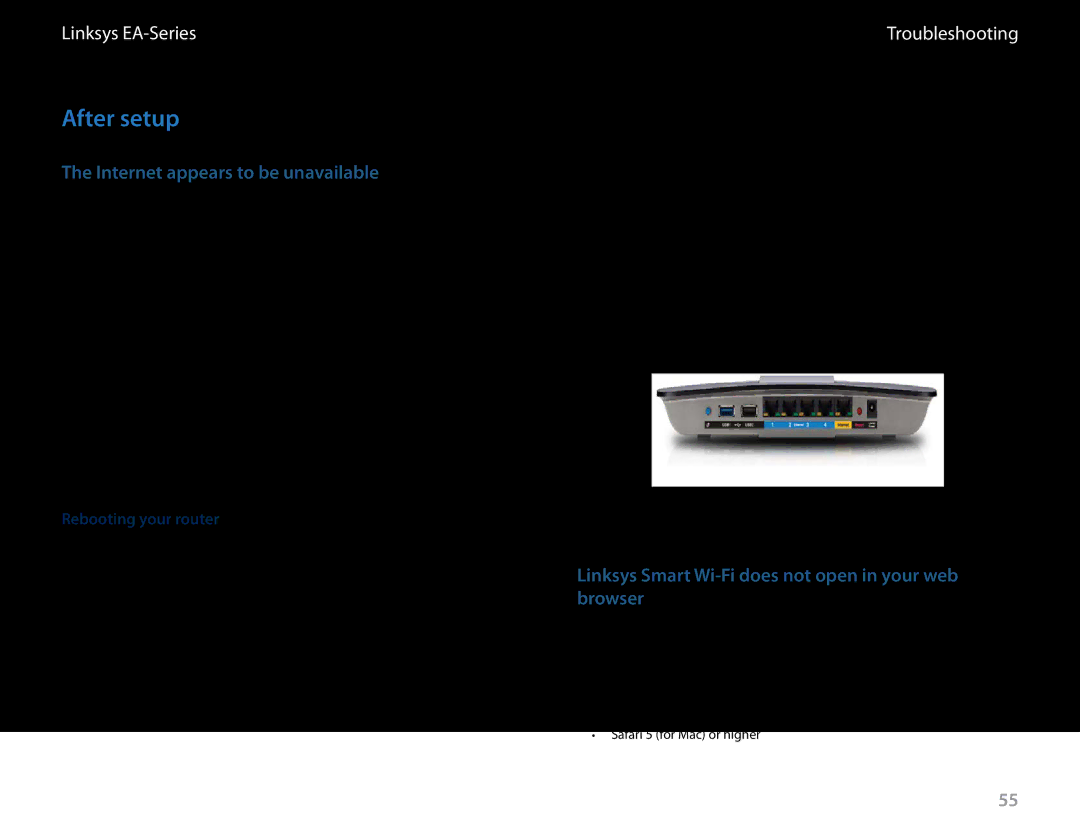 Linksys EA6900 After setup, Internet appears to be unavailable, Linksys Smart Wi-Fi does not open in your web browser 