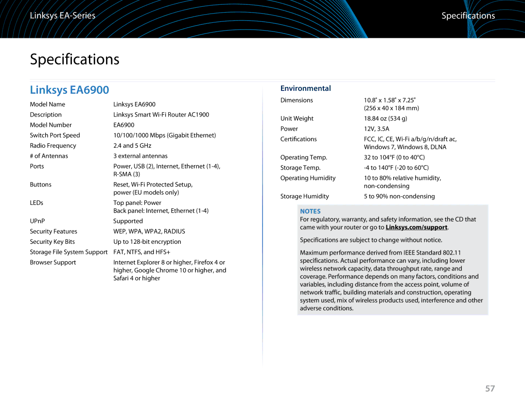 Linksys manual Specifications, Linksys EA6900, Environmental 