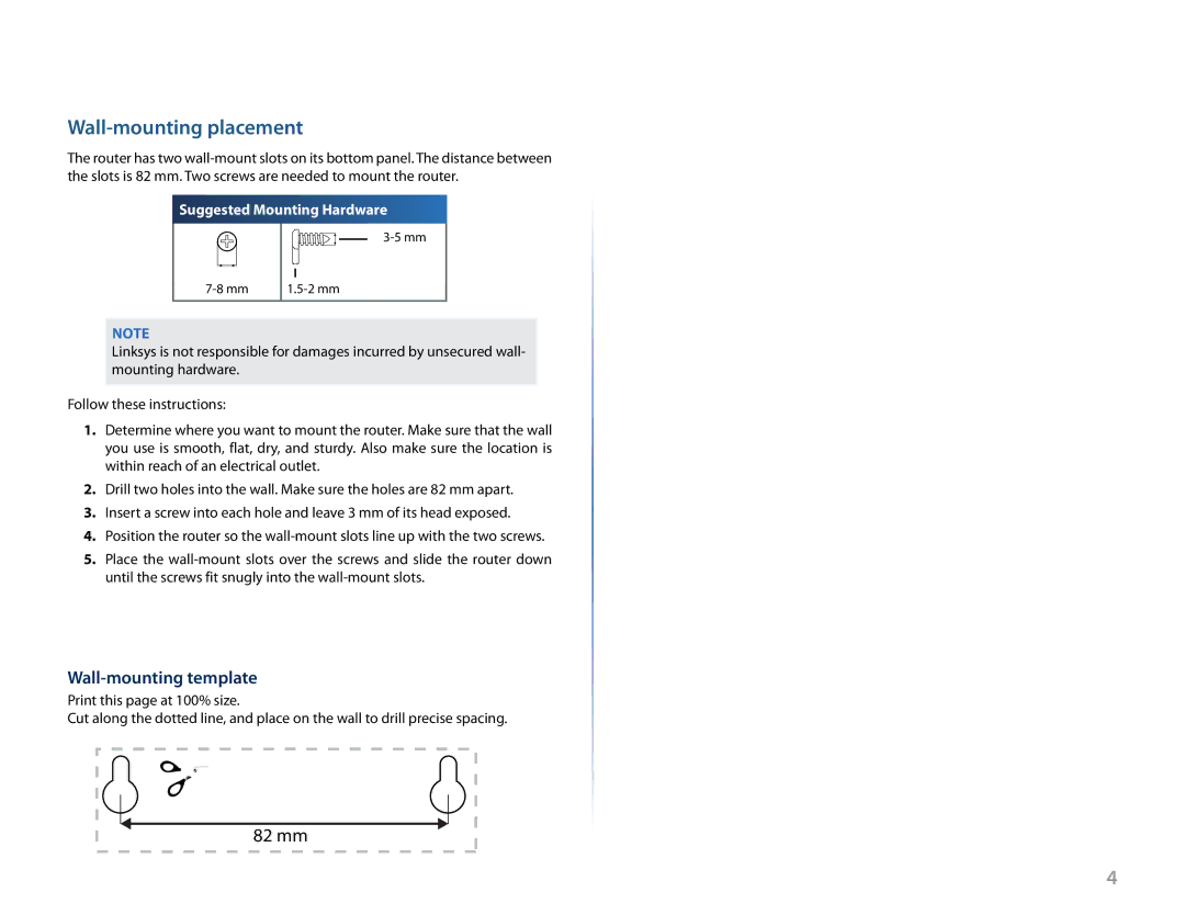 Linksys EA6900 manual Wall-mounting placement, Wall-mounting template 