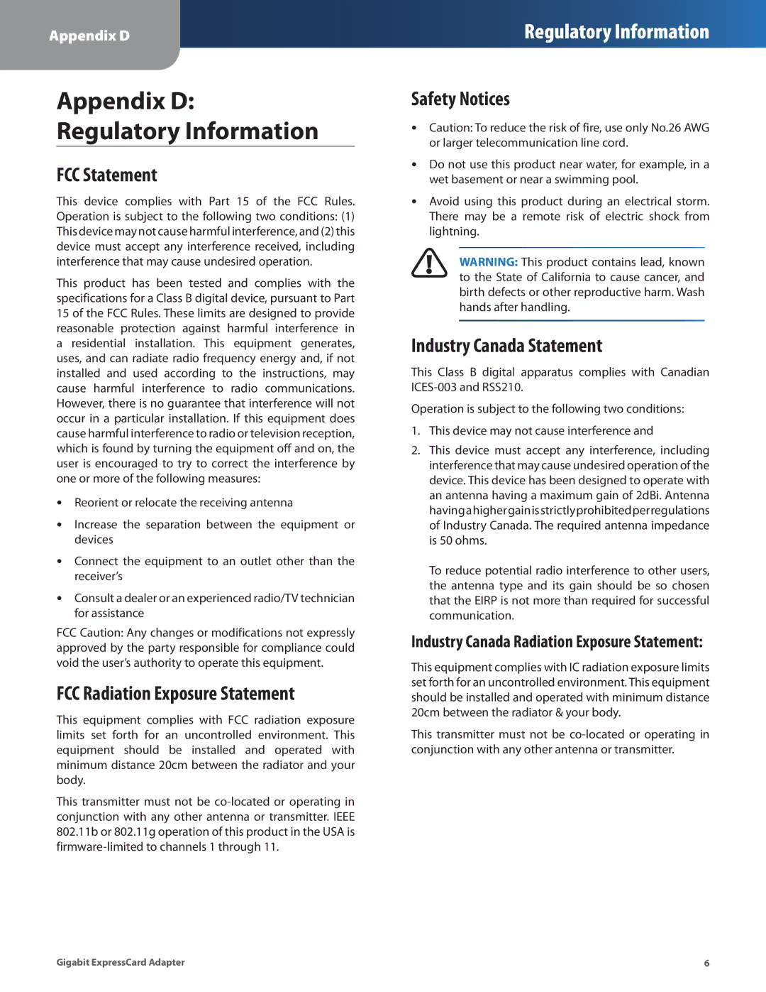 Linksys EC1000 manual FCC Statement, FCC Radiation Exposure Statement, Safety Notices, Industry Canada Statement 