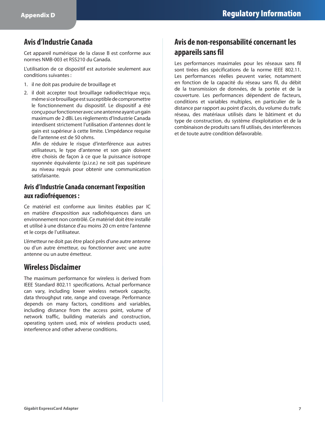 Linksys EC1000 manual Avis d’Industrie Canada, Wireless Disclaimer 