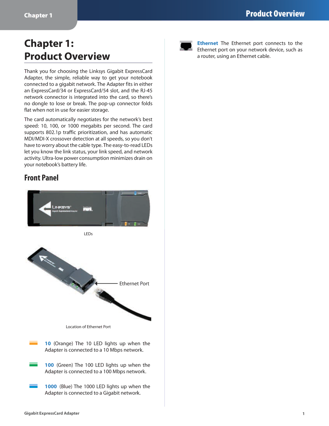 Linksys EC1000 manual Chapter Product Overview, Front Panel 