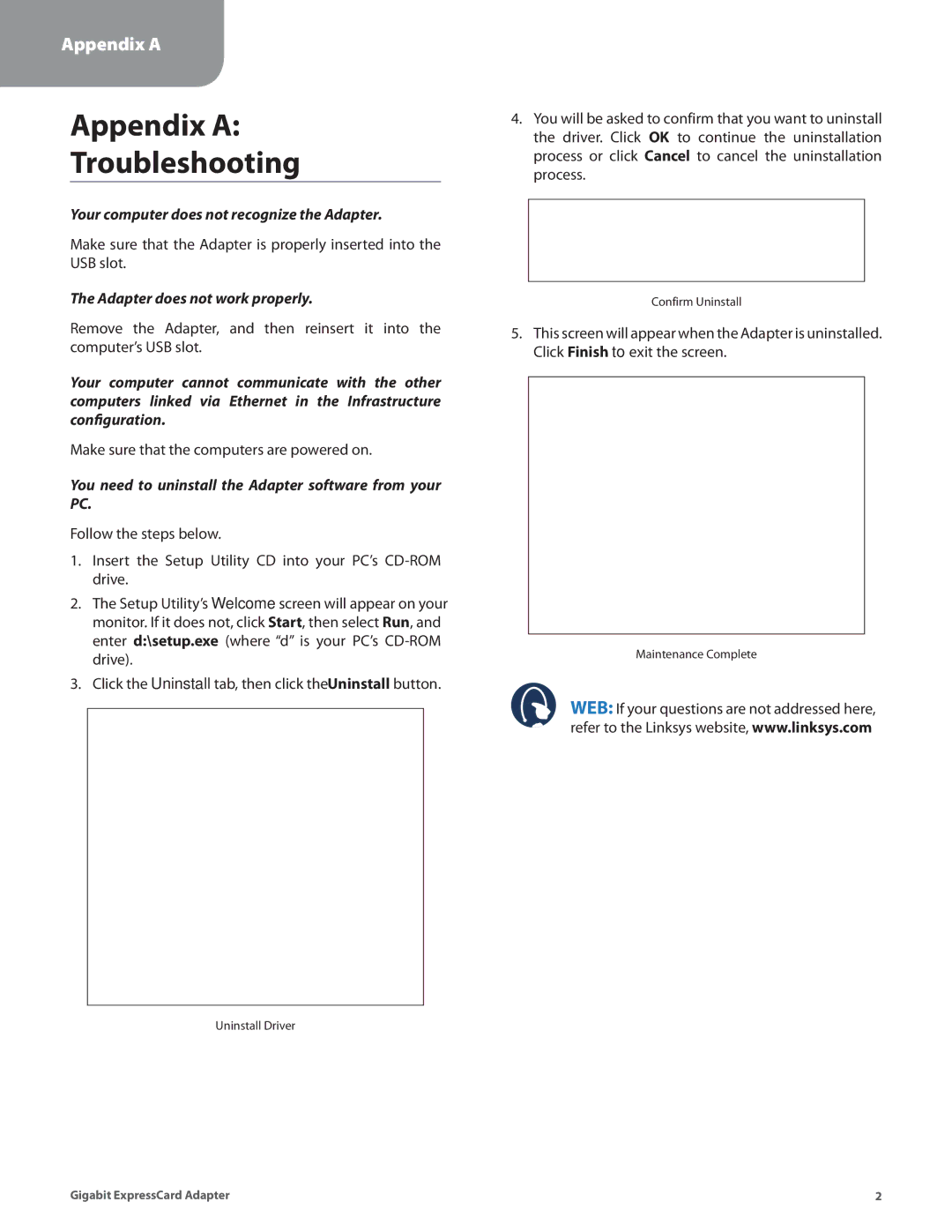 Linksys EC1000 manual Appendix a Troubleshooting 