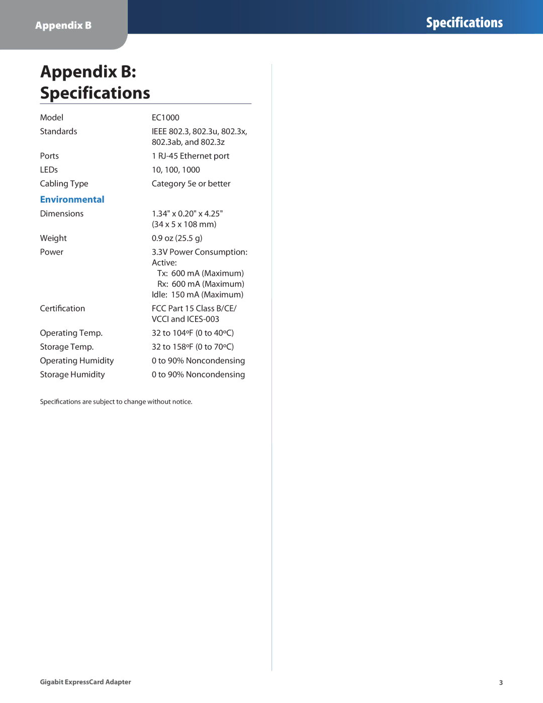 Linksys EC1000 manual Appendix B Specifications 