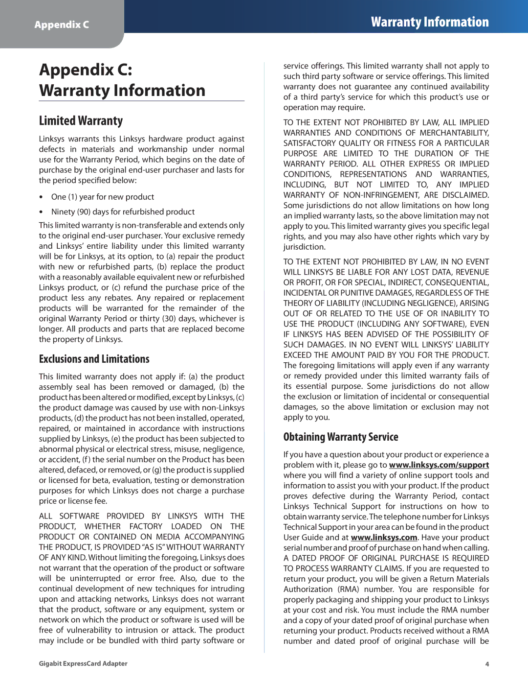 Linksys EC1000 manual Limited Warranty, Exclusions and Limitations, Obtaining Warranty Service 