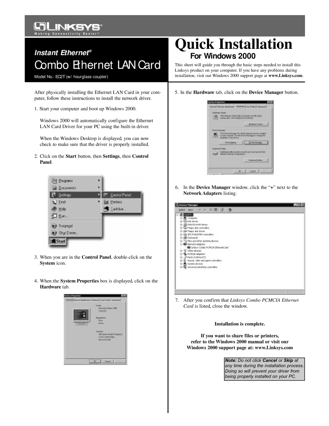 Linksys manual Quick Installation, Combo Ethernet LAN Card, For Windows, Model No. EC2T w/ hourglass coupler 