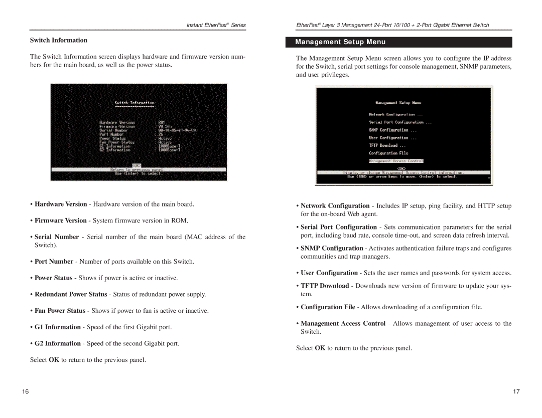 Linksys EF1324 manual Switch Information, Management Setup Menu 