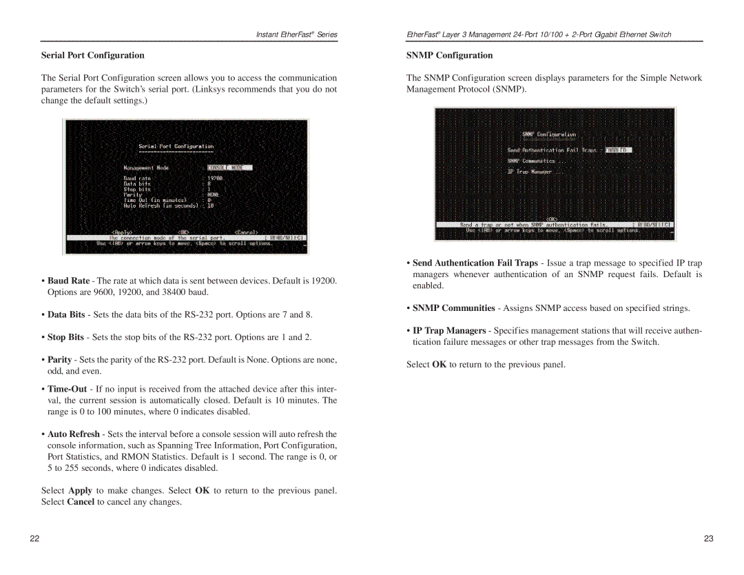 Linksys EF1324 manual Serial Port Configuration, Snmp Configuration 