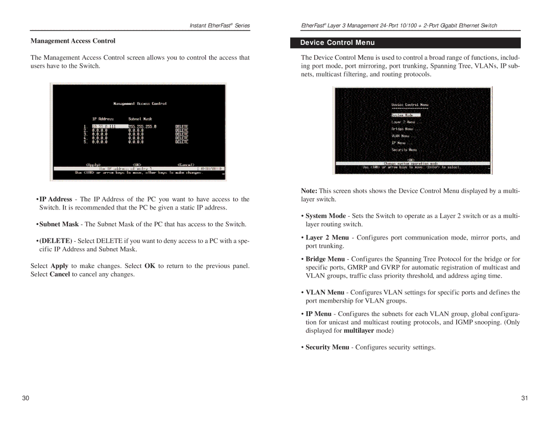 Linksys EF1324 manual Management Access Control, Device Control Menu 