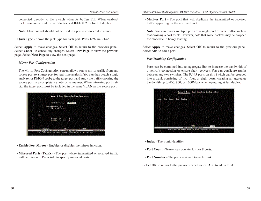 Linksys EF1324 manual Mirror Port Configuration, Port Trunking Configuration 