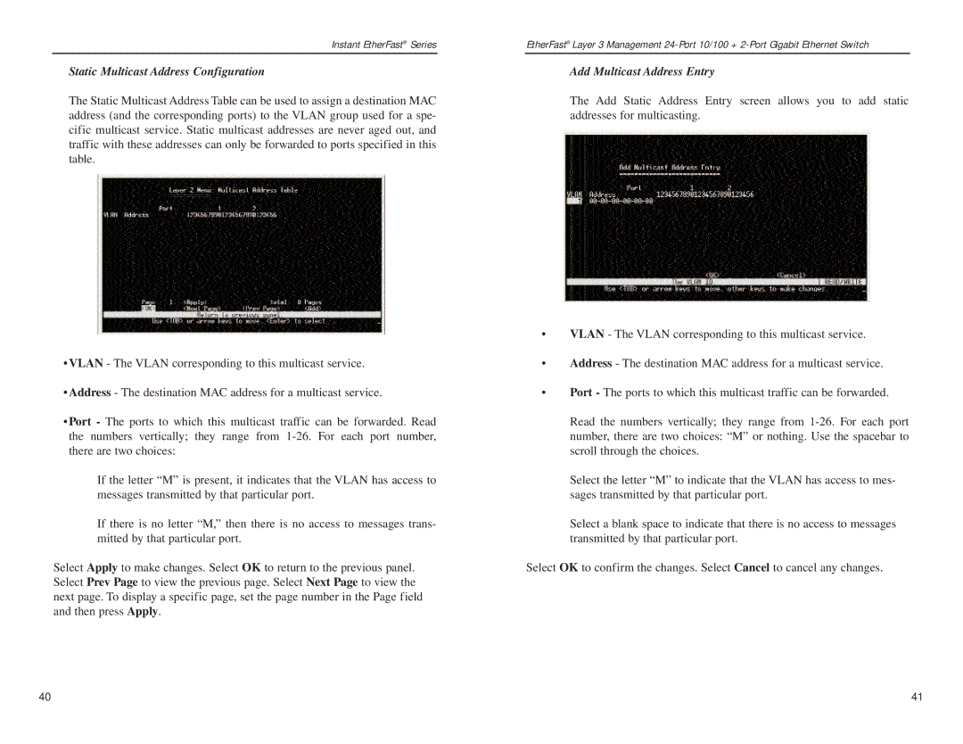 Linksys EF1324 manual Static Multicast Address Configuration, Add Multicast Address Entry 