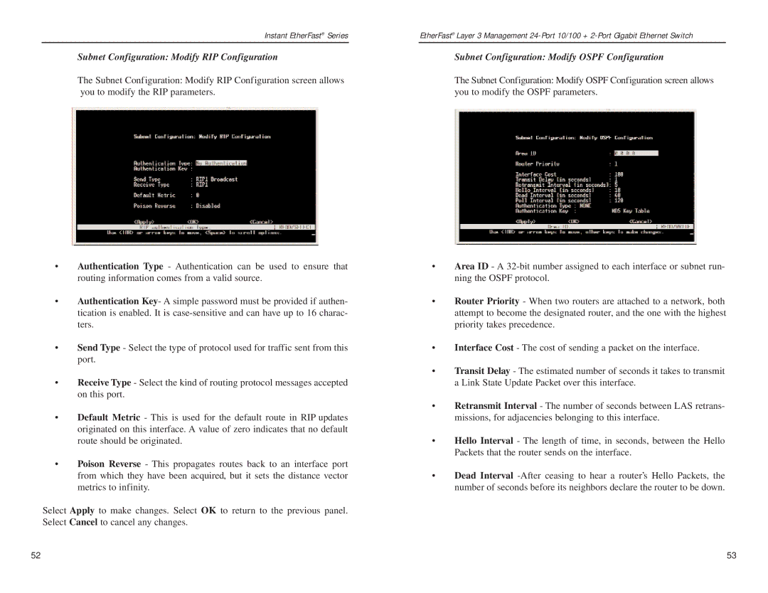 Linksys EF1324 manual Subnet Configuration Modify RIP Configuration, Subnet Configuration Modify Ospf Configuration 