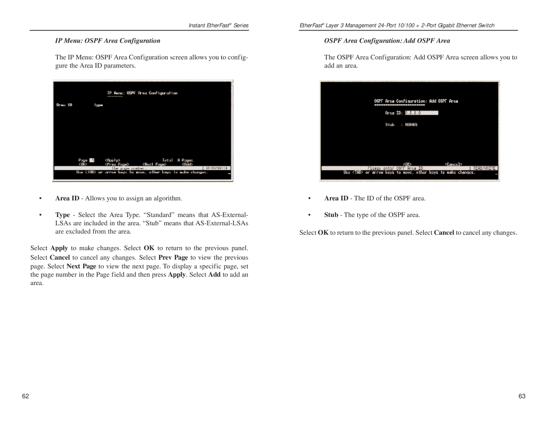 Linksys EF1324 manual IP Menu Ospf Area Configuration, Ospf Area Configuration Add Ospf Area 