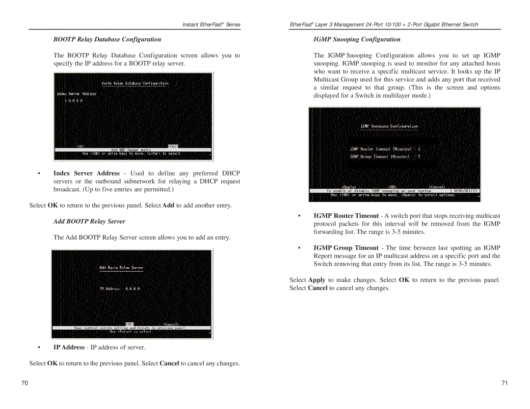 Linksys EF1324 manual Bootp Relay Database Configuration, Add Bootp Relay Server, Igmp Snooping Configuration 