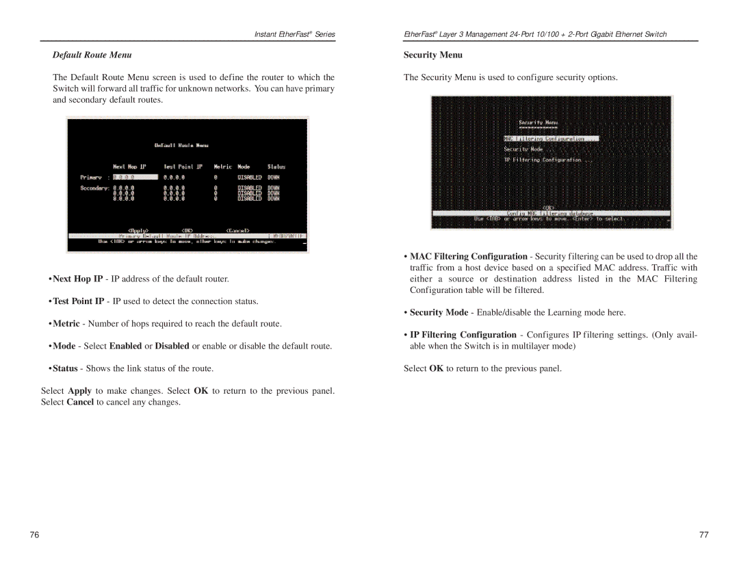 Linksys EF1324 manual Default Route Menu, Security Menu 