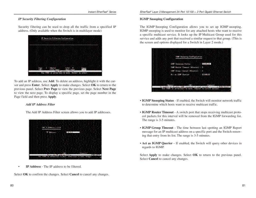 Linksys EF1324 manual IP Security Filtering Configuration, Add IP Address Filter, Igmp Snooping Configuration 