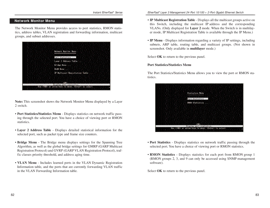 Linksys EF1324 manual Network Monitor Menu, Port Statistics/Statistics Menu 