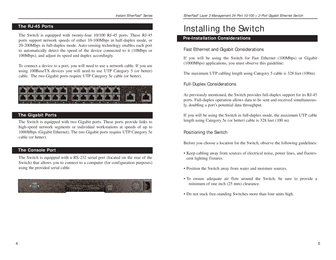 Linksys EF1324 manual Installing the Switch, RJ-45 Ports, Gigabit Ports, Console Port, Pre-Installation Considerations 