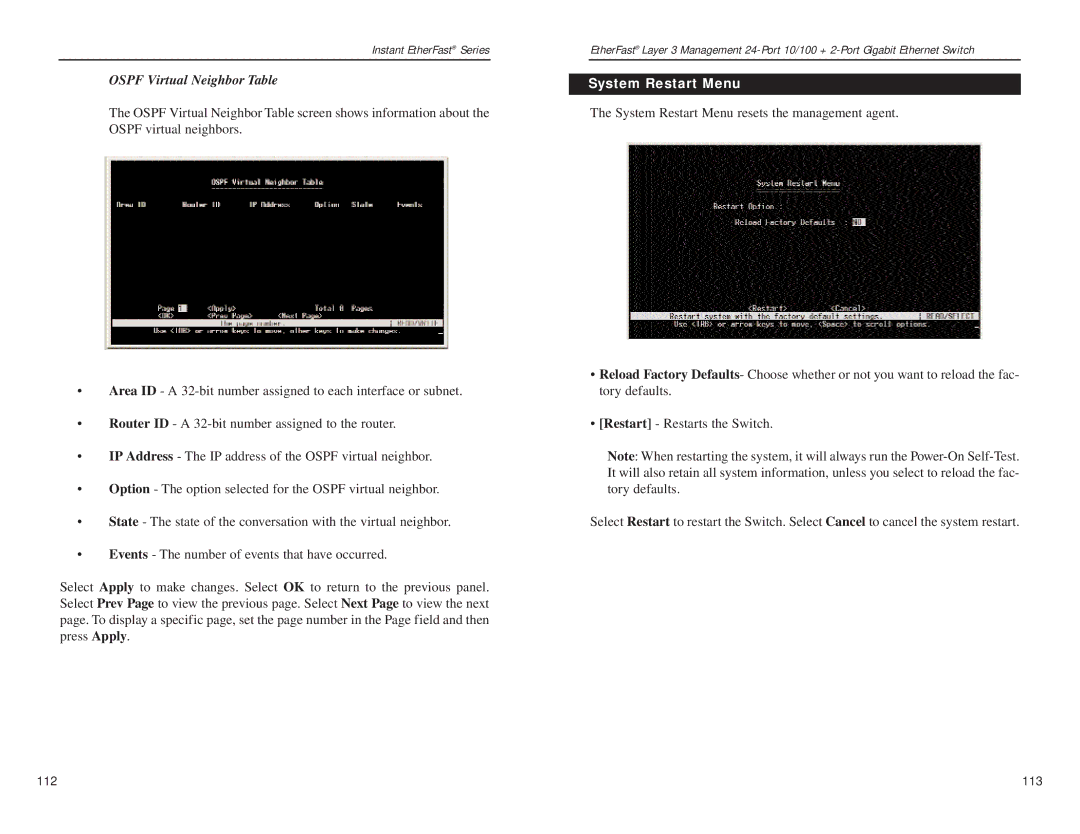 Linksys EF1324 manual Ospf Virtual Neighbor Table, System Restart Menu 