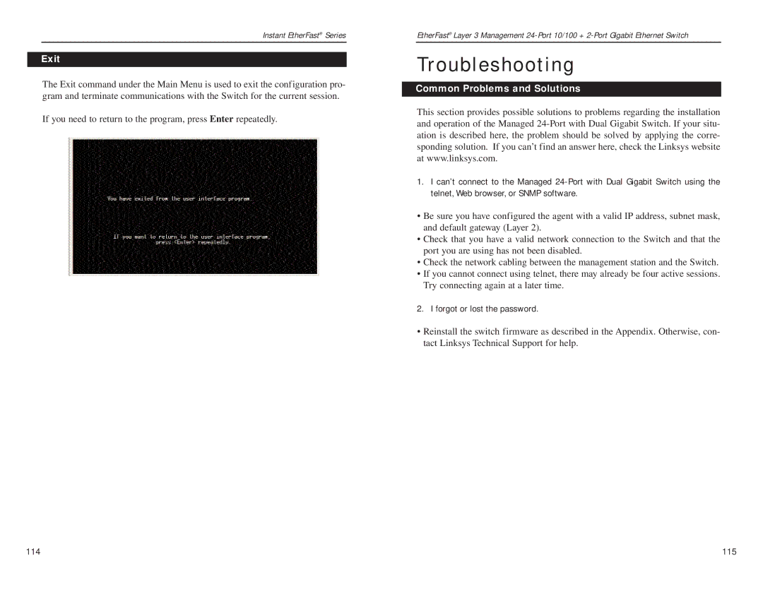 Linksys EF1324 manual Troubleshooting, Exit, Common Problems and Solutions 