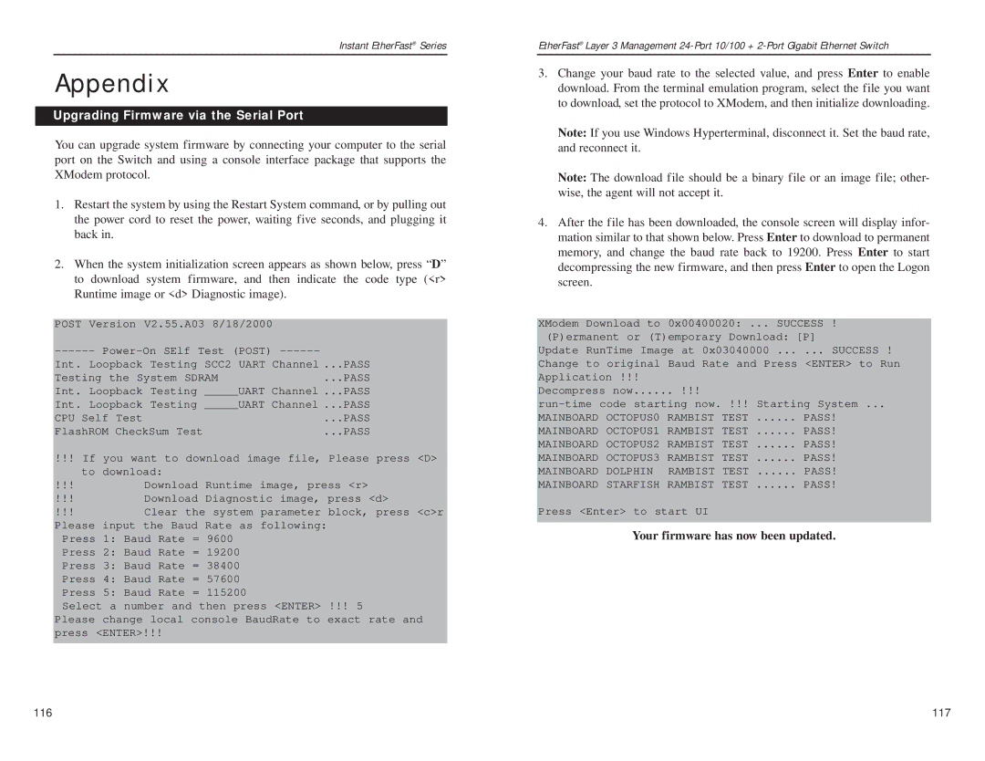 Linksys EF1324 manual Appendix, Upgrading Firmware via the Serial Port, Your firmware has now been updated 