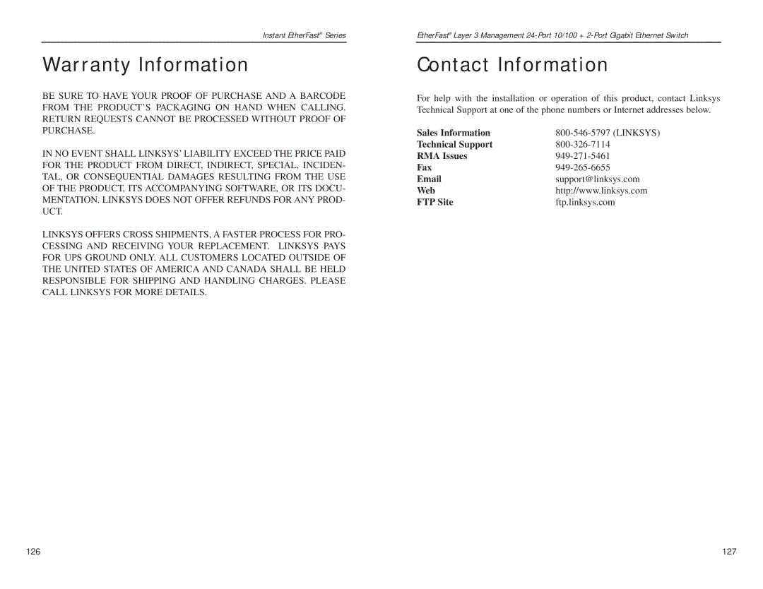 Linksys EF1324 manual Warranty Information, Contact Information, Sales Information, Technical Support RMA Issues Fax 