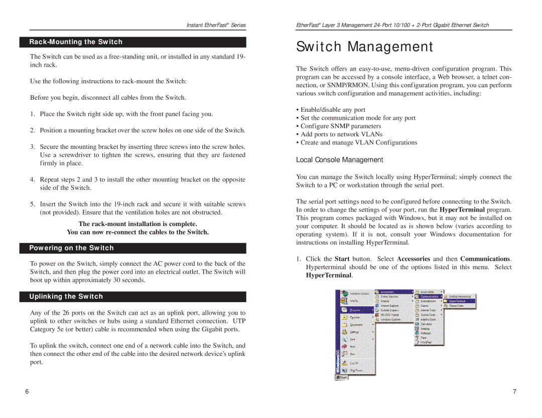 Linksys EF1324 manual Switch Management, Rack-Mounting the Switch, Powering on the Switch, Uplinking the Switch 