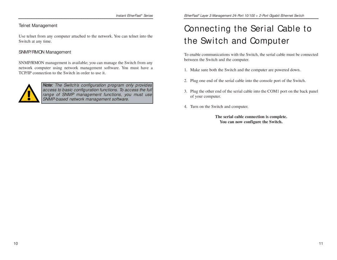 Linksys EF1324 manual Connecting the Serial Cable to the Switch and Computer, Telnet Management 