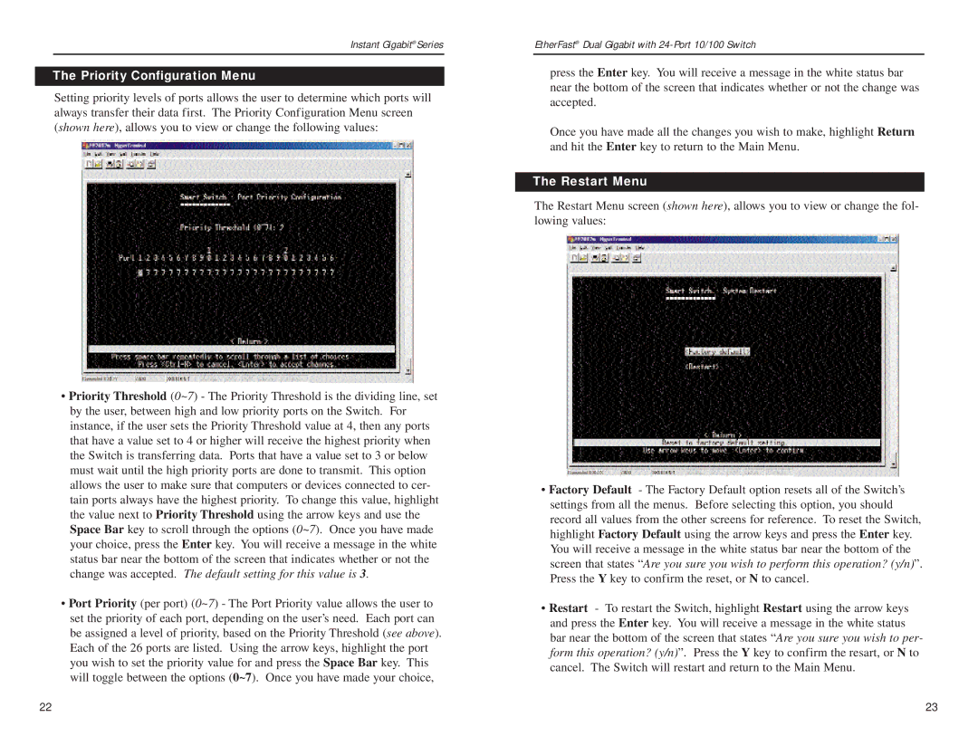 Linksys EF24G2 manual Priority Configuration Menu, Restart Menu 