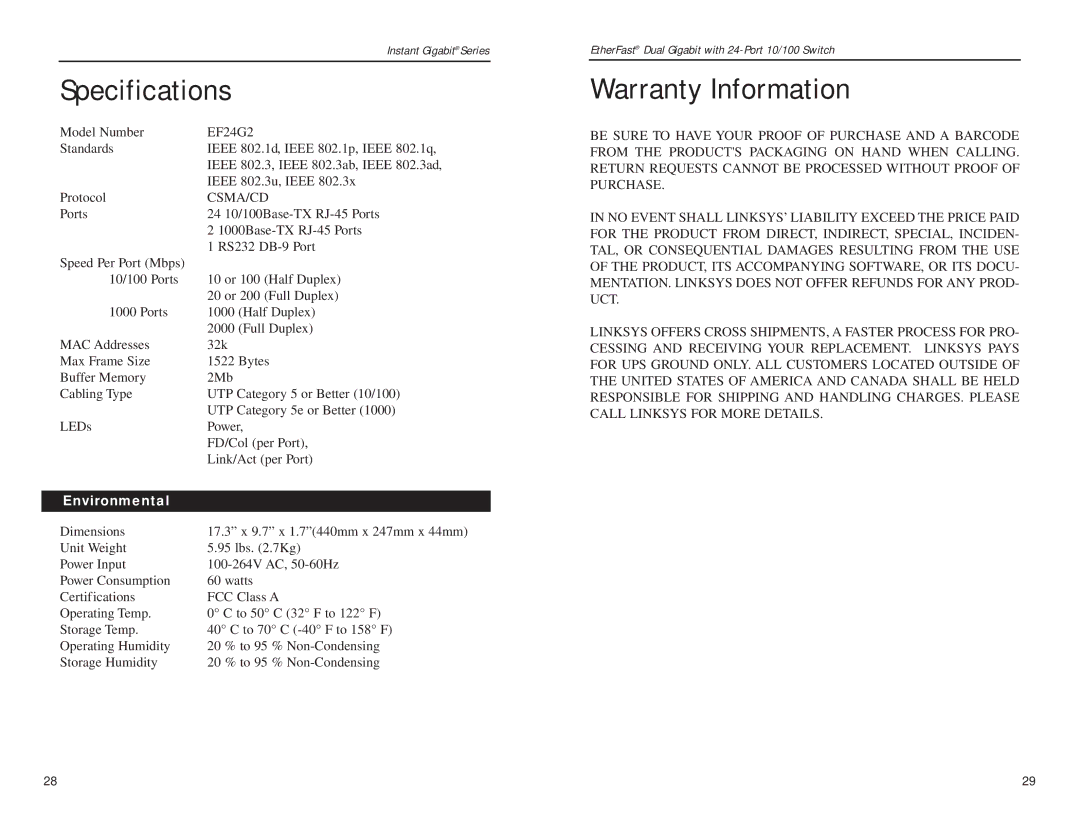 Linksys EF24G2 manual Specifications, Warranty Information, Environmental 