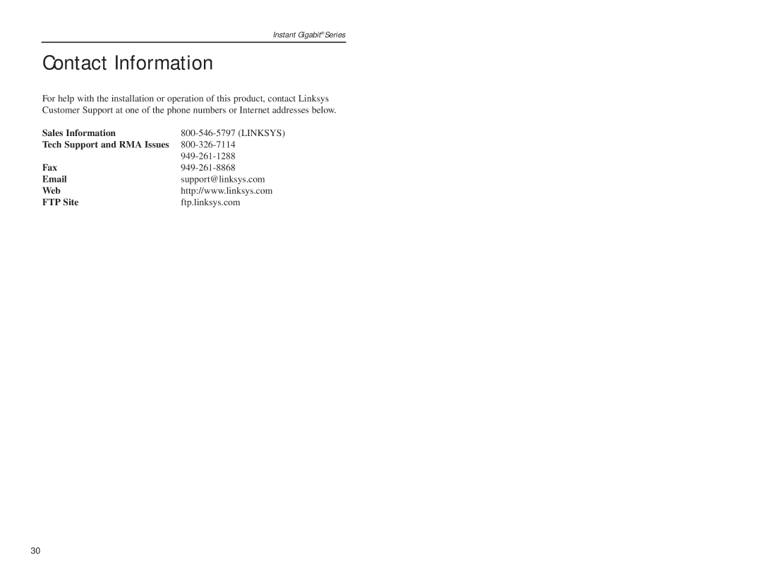 Linksys EF24G2 manual Contact Information 