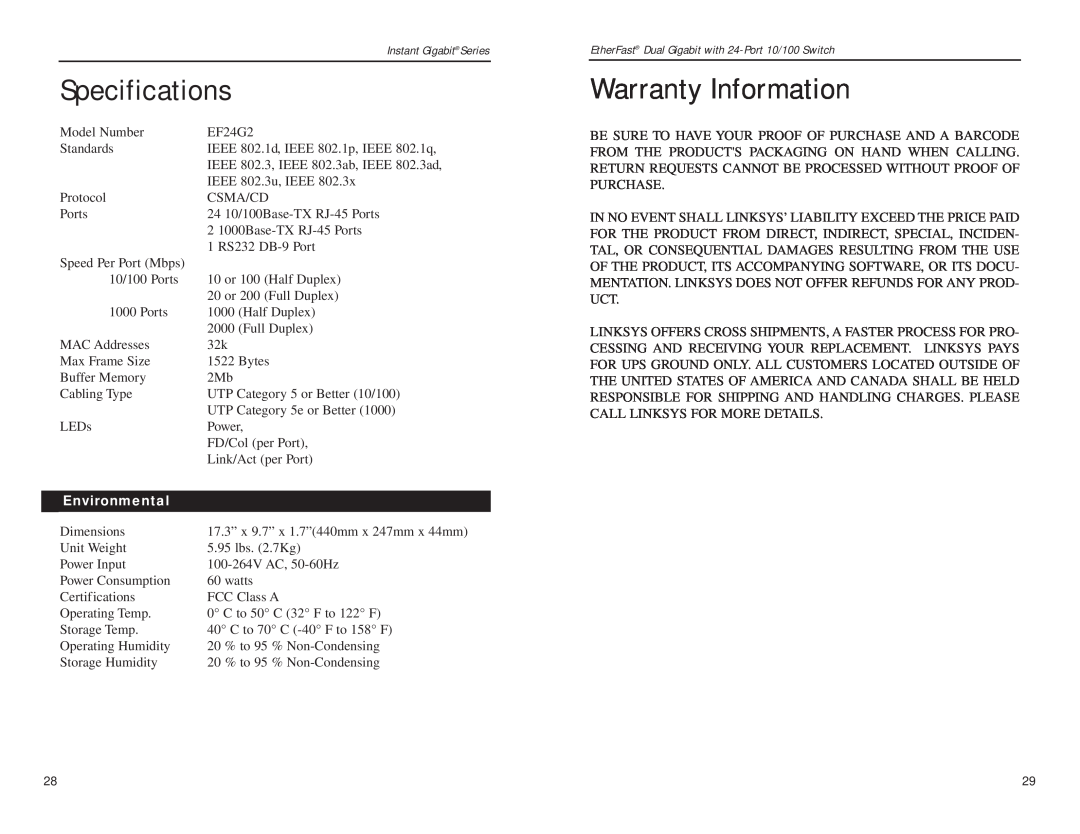 Linksys EF24G2 manual Specifications, Warranty Information, Environmental 