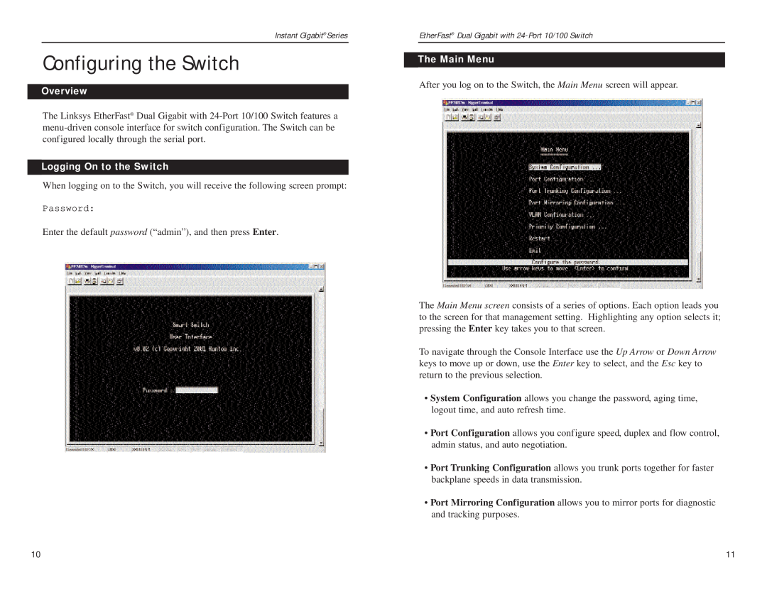 Linksys EF24G2 manual Configuring the Switch, Logging On to the Switch, The Main Menu, Overview 