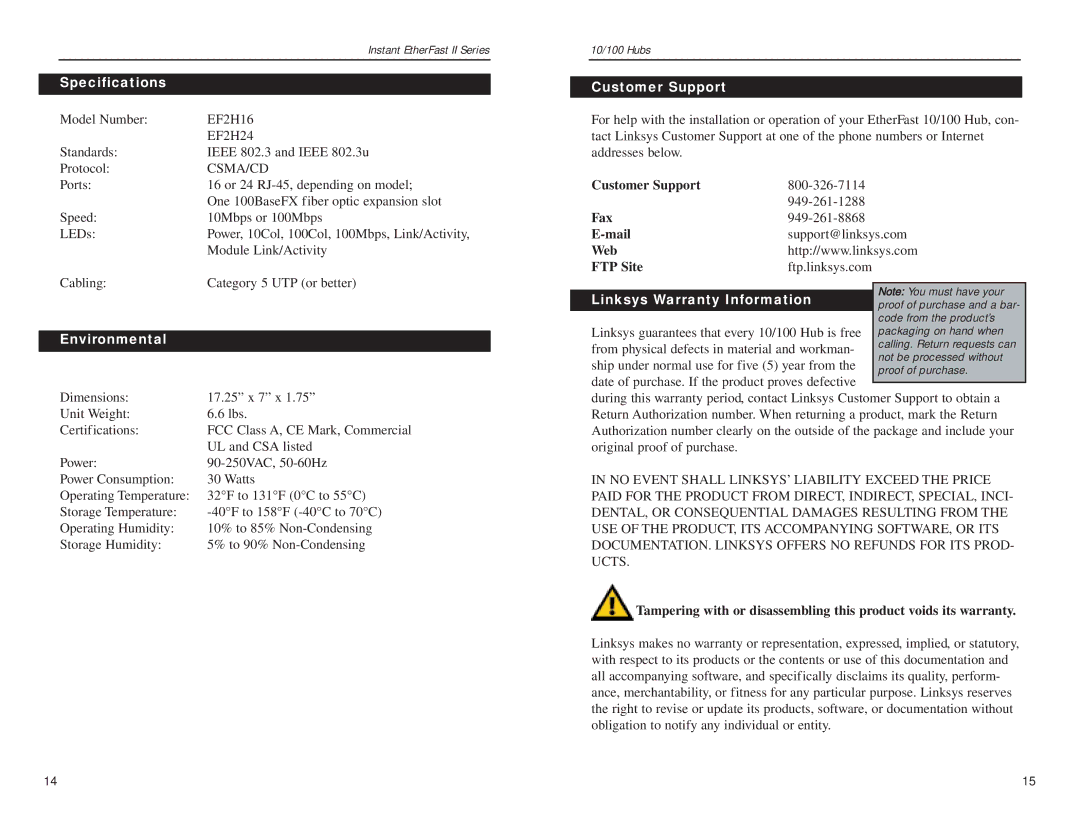 Linksys EF2H16, EF2H24 manual Specifications, Environmental, Customer Support, Linksys Warranty Information 