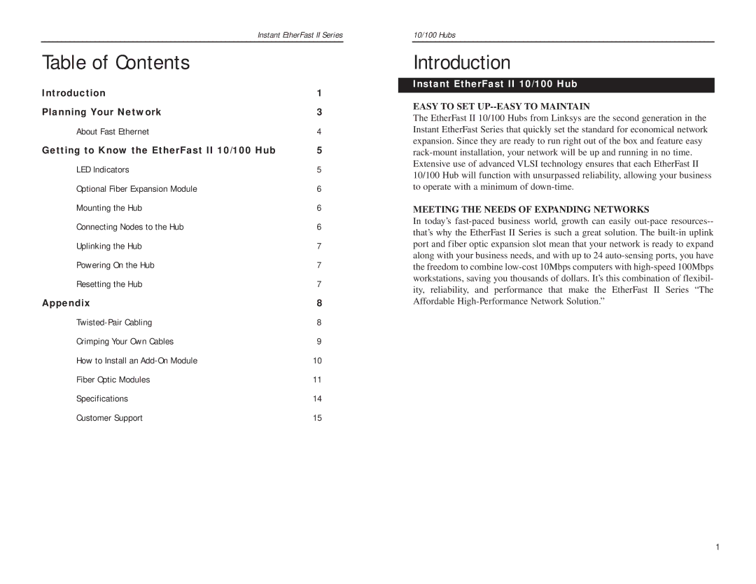 Linksys EF2H24, EF2H16 manual Table of Contents, Introduction 