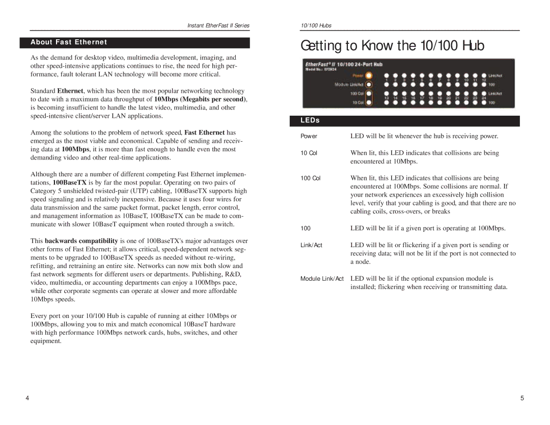 Linksys EF2H24, EF2H16 manual Getting to Know the 10/100 Hub, About Fast Ethernet, LEDs 