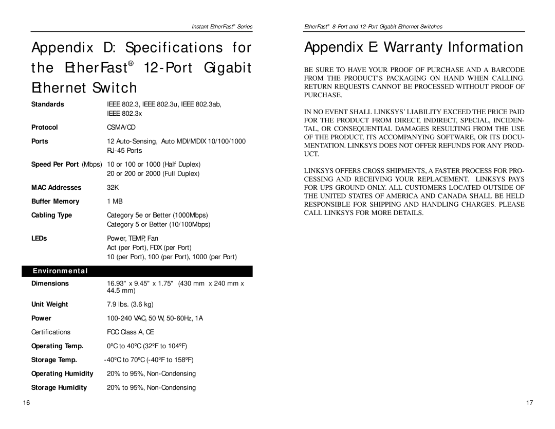 Linksys EF3508, EF3512 manual Appendix E Warranty Information 