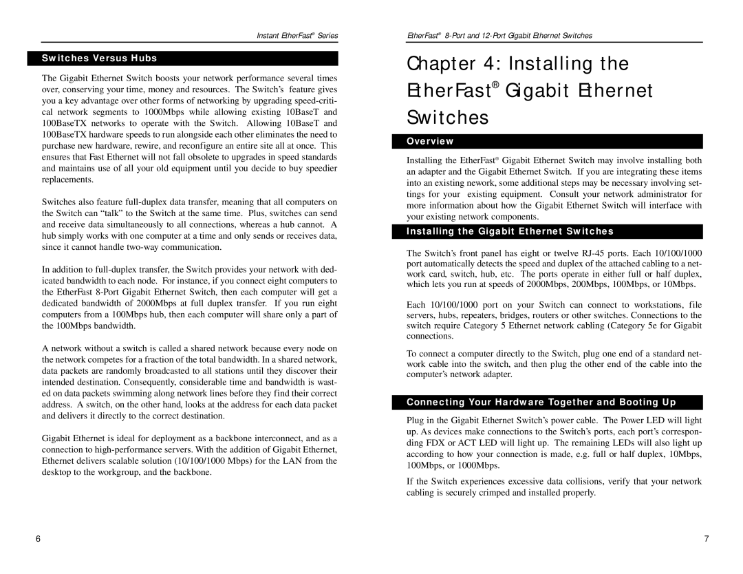 Linksys EF3512, EF3508 manual Installing EtherFast Gigabit Ethernet Switches, Switches Versus Hubs, Overview 