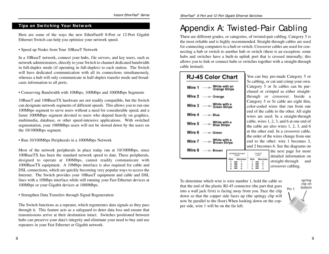 Linksys EF3508, EF3512 manual Appendix a Twisted-Pair Cabling, Tips on Switching Your Network 