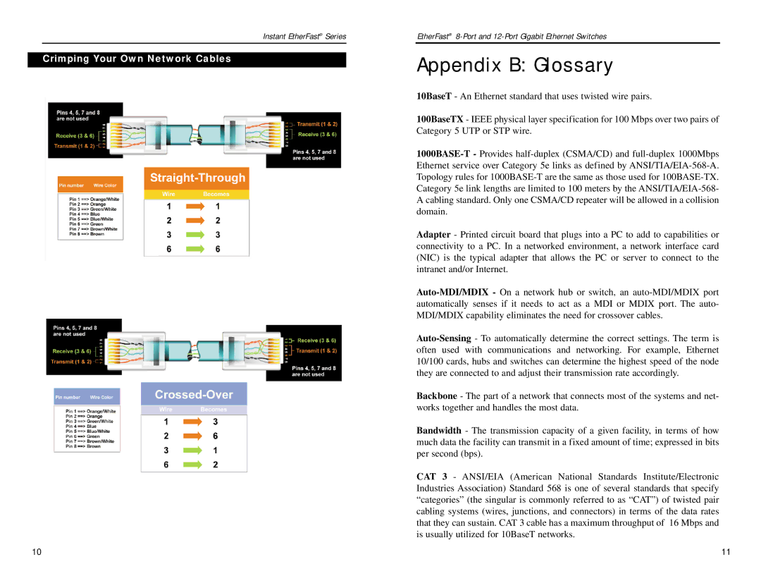 Linksys EF3512, EF3508 manual Appendix B Glossary, Bles Crimping Your Own Network Cables 